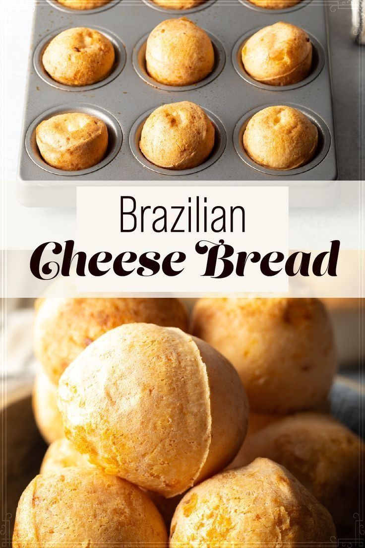 a muffin tin filled with mini cheese breads and the words brazilian cheese bread