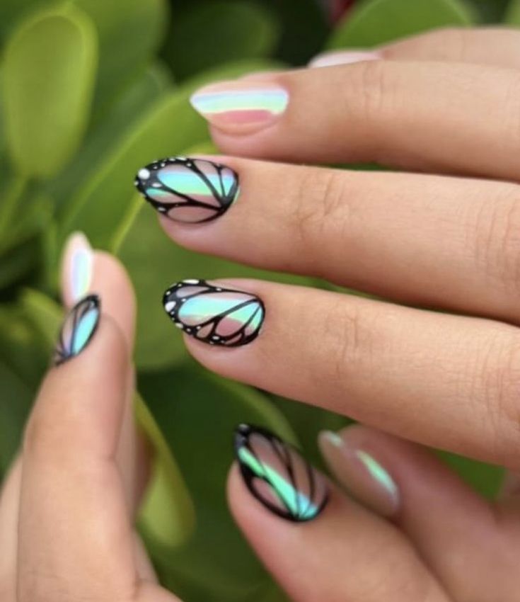 Blue Green Nails Designs, Crazy Nail Art Unique, Butterfly Nail Designs, Unghie Nail Art, Butterfly Nails, Butterfly Nail Art, Get Nails, Butterfly Nail, Dream Nails