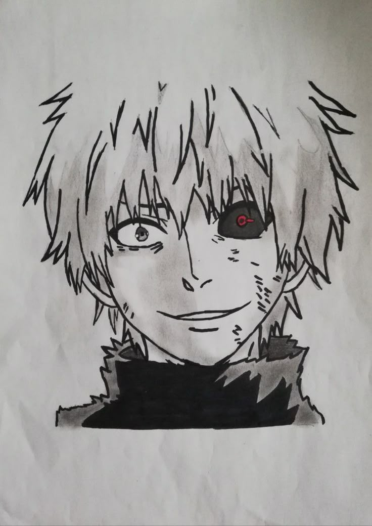 a drawing of an anime character with red eyes