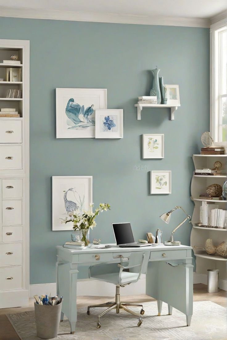 home decor interior design, interior design space planning, designer wall paint, primer paint for walls Tiffany Blue Office, Office Paint, Comfortable Workspace, Creative Storage Solutions, Sleek Furniture, Flat Interior, Office Colors, Green Cabinets, Blue Tone