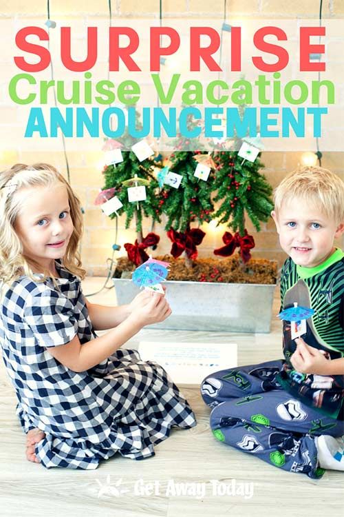 two young children sitting on the floor in front of a christmas tree with words surprise cruise vacation announcement announcement