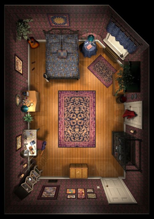 an overhead view of a living room with furniture and rugs on the hardwood floor