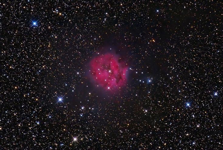 an image of a star in the sky with many stars around it, including one pink object