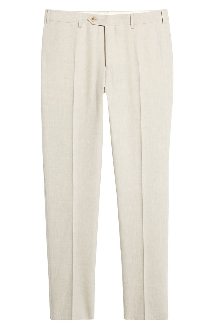 Bring relaxed formality to your look with dress pants tailored with a classic flat front from a cool blend of linen and wool. 37" inseam; 14" leg opening; 10 1/2" front rise; 14" back rise (size 56) Zip fly with button-tab closure Front slant pockets; back button-welt pockets 52% linen, 48% wool Dry clean Made in Italy Beige Flat Front Dress Pants With Welt Pockets, Business Casual Straight Leg Summer Dress Pants, Classic Formal Linen Dress Pants, Summer Business Dress Pants In Straight Cut, Summer Business Dress Pants, Straight Fit, Summer Business Dress Pants Straight Fit, Classic Linen Dress Pants For Formal Occasions, Fitted Beige Dress Pants With Flat Front, Elegant Tailored Dress Pants For Summer