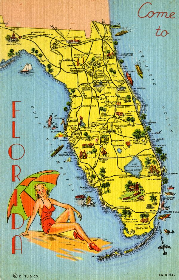 an old map of florida with the names and cities on it's side,