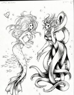 two mermaids in the water with their tails wrapped around each other, and one is holding