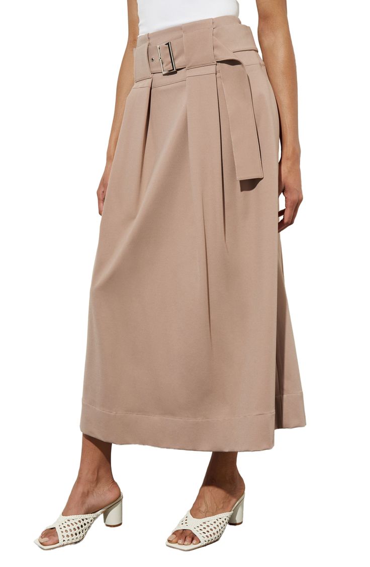 A pleated skirt fashioned in an A-line silhouette is anchored by a coordinating belt for waist-defining style. 30" length (size Extra Small) Hidden side-zip closure Side-seam pockets Removable belt 53% nylon, 40% rayon, 7% spandex Hand wash, dry flat Imported Formal Pleated A-line Maxi Skirt, Formal A-line Bottoms With Box Pleat, Belted Solid Color Skirt For Summer, Solid Belted Summer Skirt, Chic A-line Maxi Skirt With Relaxed Fit, Chic A-line Maxi Skirt With Lining, Chic A-line Lined Maxi Skirt, Solid Colored Summer Skirt With Belt, Spring A-line Maxi Skirt With Pleated Waist