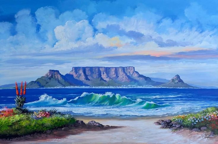 a painting of the ocean and mountains