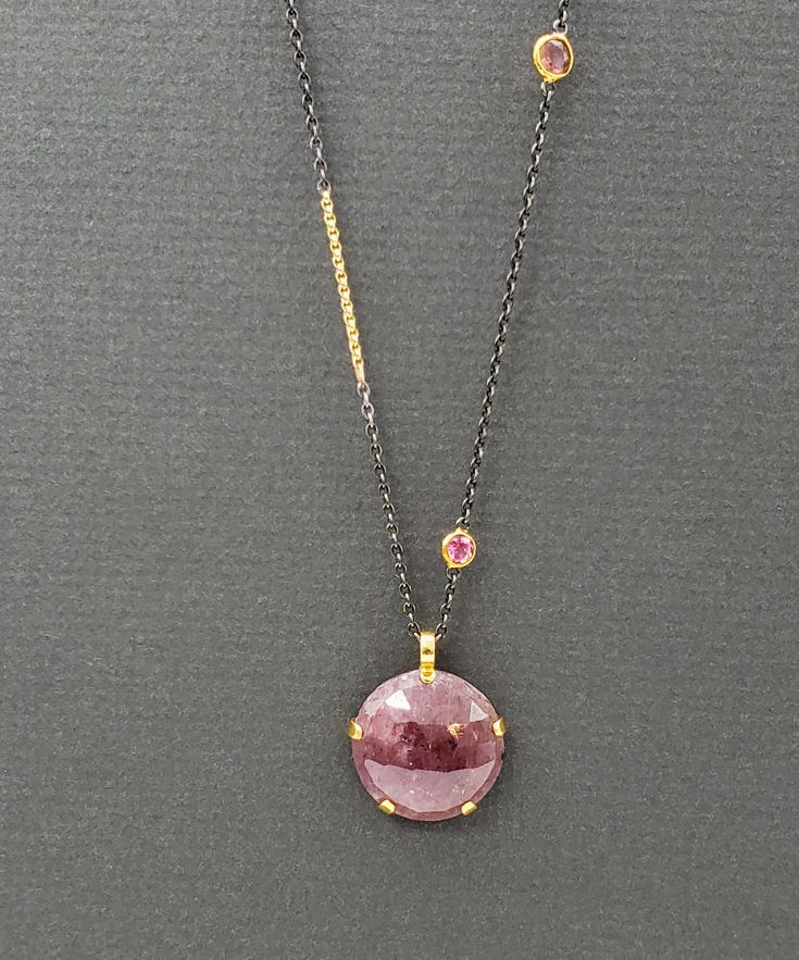 Ruby necklace with oxidized silver and 14k gold, long and perfect for layering. Luxury Pink Ruby Necklaces, Luxury Pink Chain Necklace, Pink Gold Gemstone Necklace With Round Shape, Formal Yellow Gold Tourmaline Necklaces, Formal Yellow Gold Tourmaline Necklace, Luxury Pink Gold Gemstone Necklaces, Luxury Round Pink Gold Necklace, Luxury Gold Tourmaline Necklaces, Luxury Pink Round Pendant Necklaces