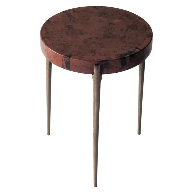 a round table with wooden legs and a brown marble top on an isolated white background