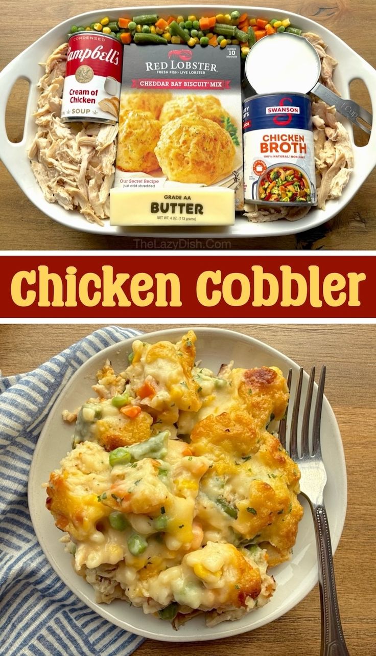 chicken cobbler on a white plate next to a box of biscuits