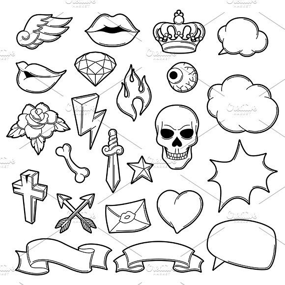 a set of different tattoo elements including skulls, roses and other items on a white background