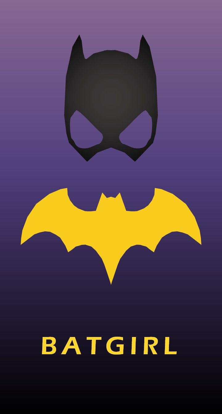 the batgirl logo is shown in purple and yellow colors, with an image of batman's head above it