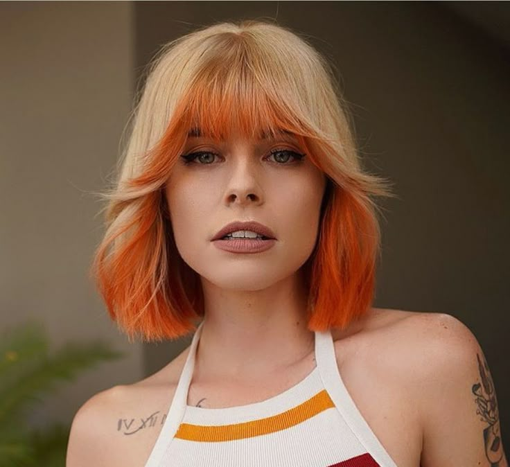 Orange Ends Hair, Orange Creamsicle Hair, Blonde Hair With Orange Tips, Bright Hair Colors Short, Blonde And Orange Hair, Orange And White Hair, Orange And Blonde Hair, Bright Orange Hair, Orange Bob