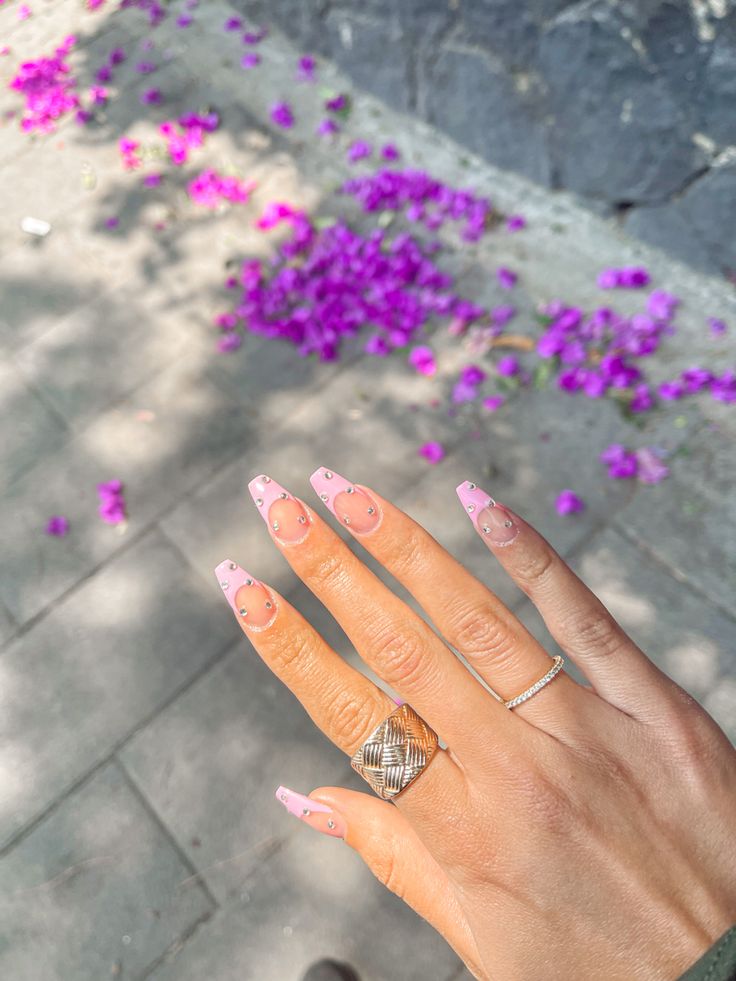 Pink French Nails With Rhinestones, Pink French With Rhinestones, Pink French Tip With Gems, Baby Pink Nails With Rhinestones, Pink French Coffin, Light Pink Nails With Rhinestones, Baby Pink French Tip Nails, French Nails With Rhinestones, Pink Nails With Gems