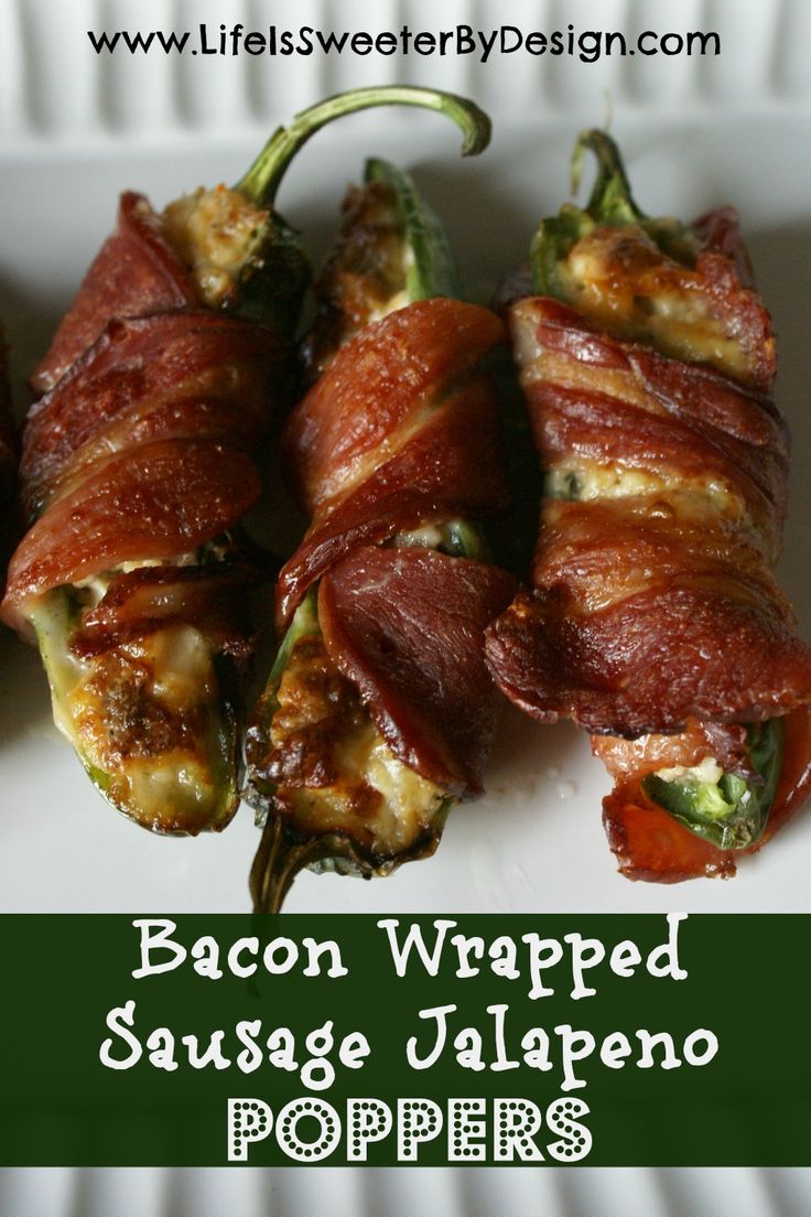 bacon wrapped sausage jalapeno poppers on a white plate with text overlay