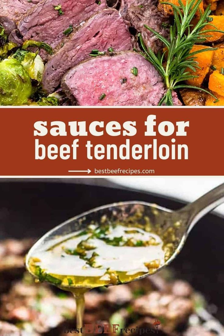 the recipe for beef tenderion is being spooned into a skillet with vegetables and sauce