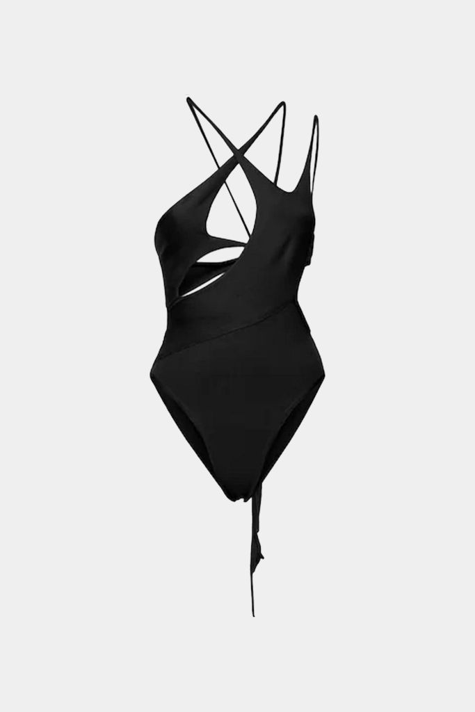 High cut one piece swimsuit made from a breathable knitted blend fabric in black. Detailed with an array of cut-outs to achieve that contemporary look, then it's secured with elongated tie straps at the back. Fit runs true to size 75% Viscose, 25% Nylon Machine wash cold delicate, Dry Flat This item is Final Sale. Cutout Swimwear, High Cut One Piece Swimsuit, Strappy Swimsuit, Swimwear Design, Swimwear Aesthetic, Capsule Wardrobe Casual, Alt Clothes, Pencil Skirt Outfits, Luxury Swimwear