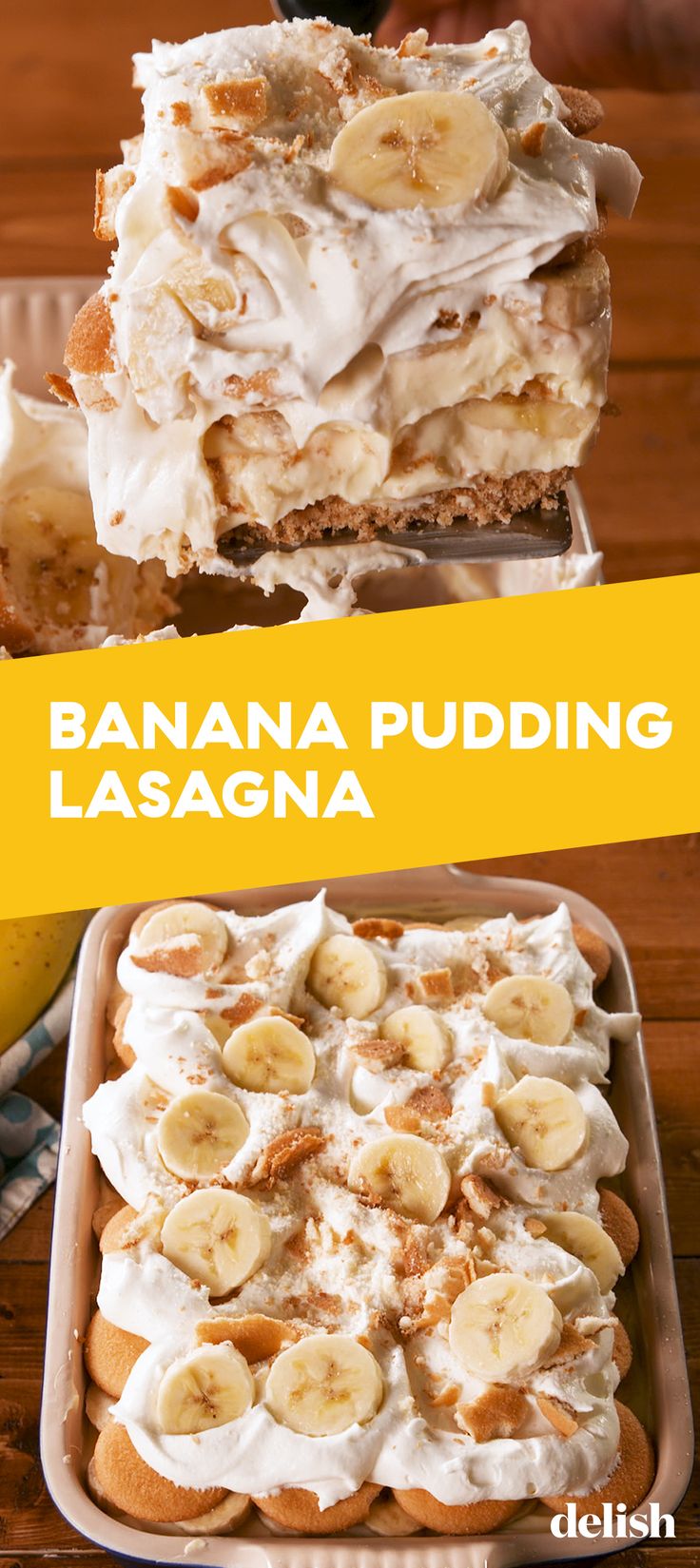 banana pudding with whipped cream and sliced bananas on top in a baking pan, next to another dessert