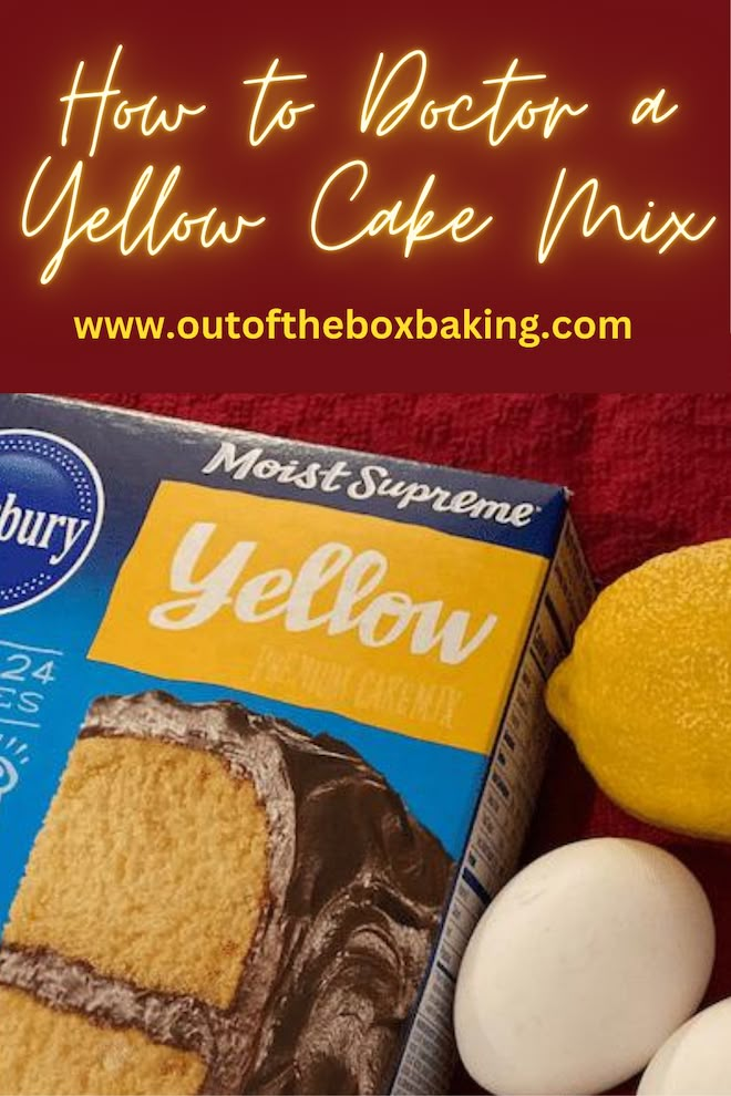 a box of yellow cake mix next to some eggs