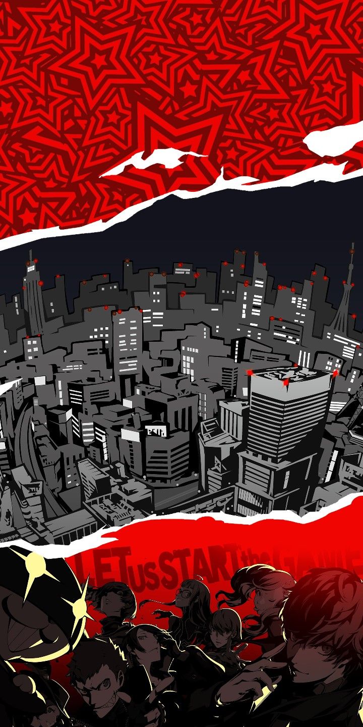 an image of people standing in front of a cityscape with red and black colors