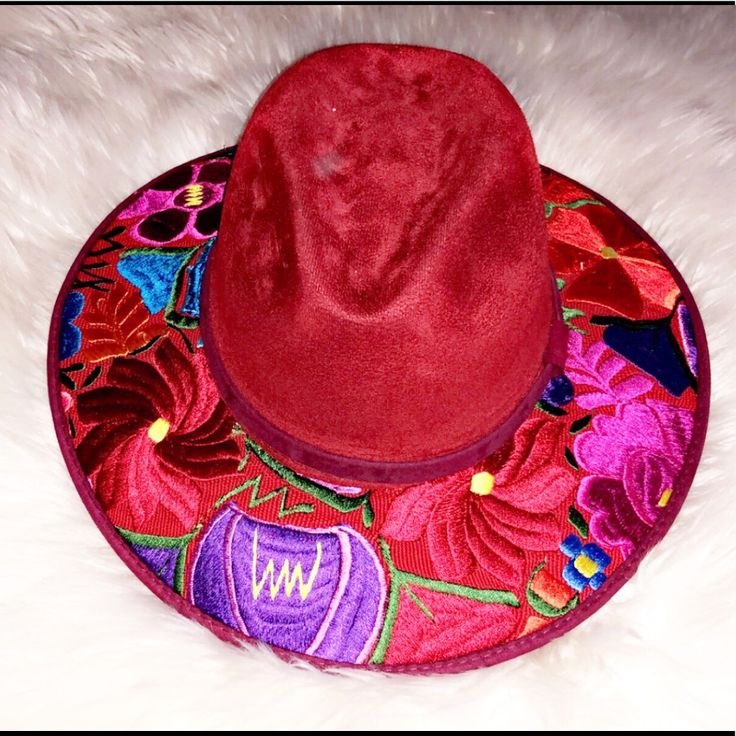 Custom Made In Mexico Hand Embroidered Hat. Exterior Is Hat Is A Microfiber/Faux Suede Material. With A Gorgeous Multi Color Floral Embroidered Design Around The Brim. One Size Fits Most. Frye Bed Stu Bohemian Free People Reformation Equestrian Moto Boot Nordstrom Anthropologie Western Boho Revolve Freebird Red Fitted Hat For Festival, Fitted Red Festival Hat, Handmade Red Fedora With Flat Brim, Red Curved Brim Felt Hat For Festivals, Red Felt Hat With Curved Brim For Festivals, Traditional Brimmed Red Hat, Traditional Red Brimmed Hat, Red Bohemian Wide Brim Felt Hat, Handmade Red Flat Brim Hat