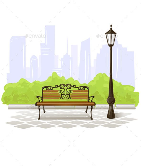 a park bench in front of a lamp post