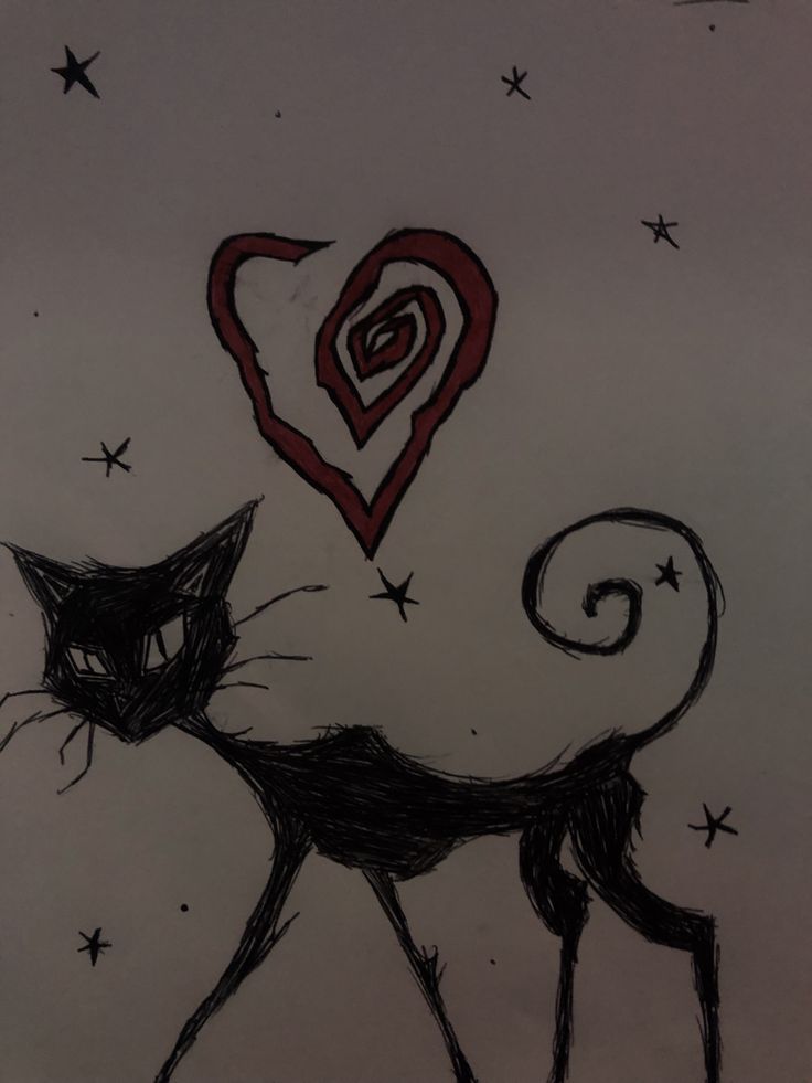 a drawing of a cat with a heart on it's back