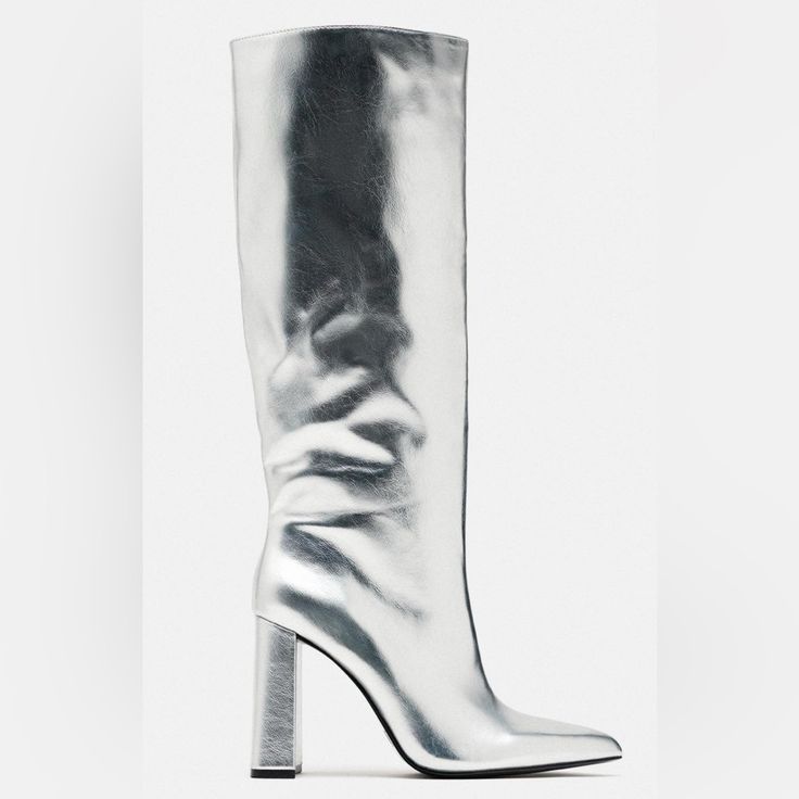 Zara Metallic Knee Heeled Boots Nwt Size 10 Metallic Boots Silver Boots Heeled Boots Knee High Boots Spring Knee-high Boots With Stacked Heel And Pointed Toe, Spring Pointed Toe Knee-high Boots With Stacked Heel, Winter Boots With Wrapped Heel And Pointed Toe, Spring Knee-high Boots With Reinforced Heel And Pointed Toe, Winter Heeled Boots With Wrapped Heel And Pointed Toe, Formal Pointed Toe Knee-high Boots For Spring, Chic Silver Heels For Fall, Glamorous Formal Spring Boots, Spring Formal Heeled Boots With Wrapped Heel