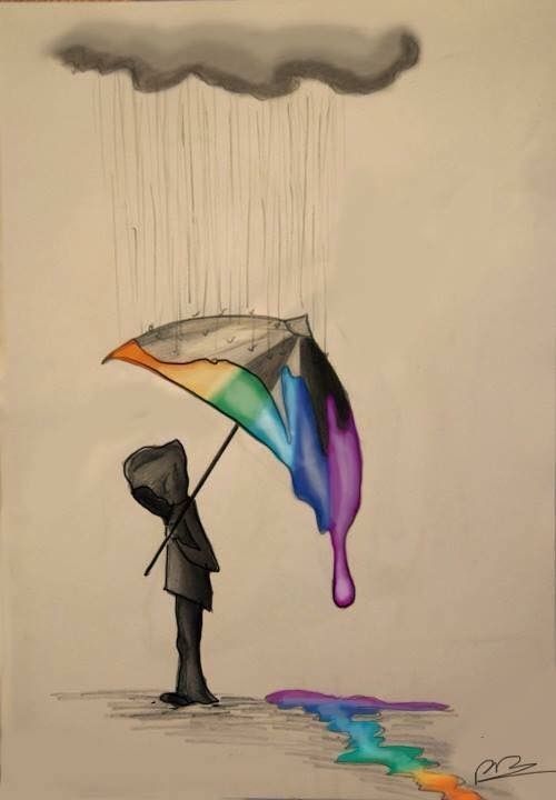 a drawing of a person holding an umbrella under a rainbow colored rain cloud and dripping water