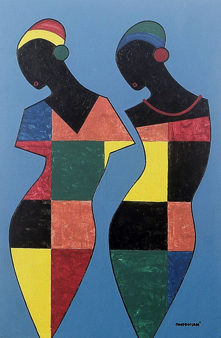 an abstract painting of two women in different colors