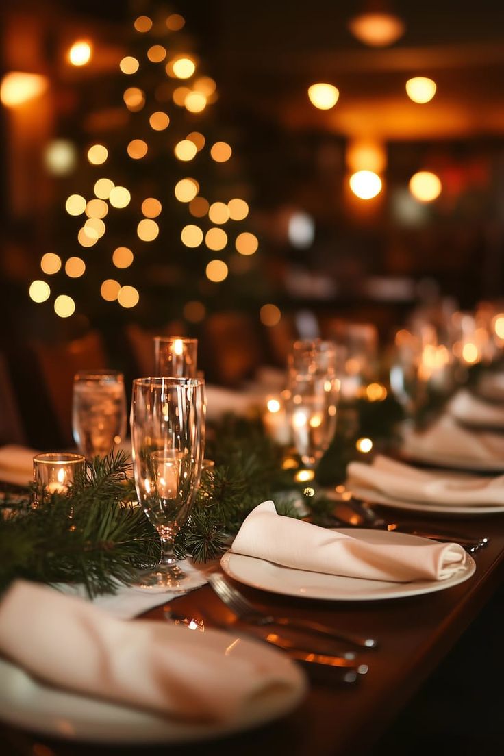 a long table is set with place settings and candles in front of a christmas tree