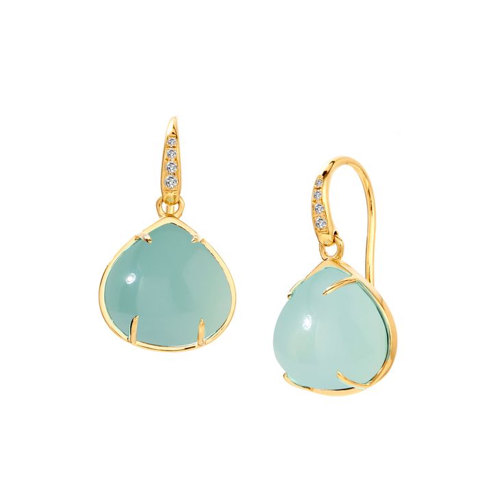 18 karat yellow gold Gemstones 11-15 carats approx. Champagne Diamonds 0.05 carat approx. French wires for pierced ears Sophisticated Jewelry, Jeweled Earrings, Green Chalcedony, Aqua Chalcedony, Gold Moon, Yellow Gold Setting, Lemon Quartz, French Wire, Champagne Diamond