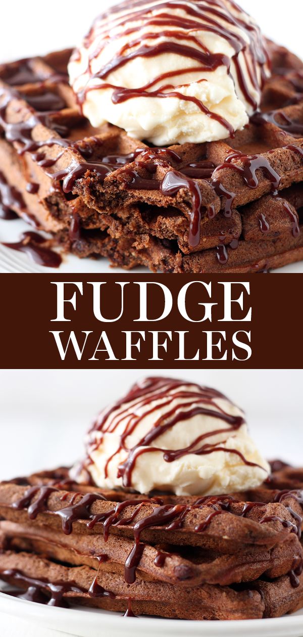 chocolate waffles with ice cream on top and fudge waffles on the bottom