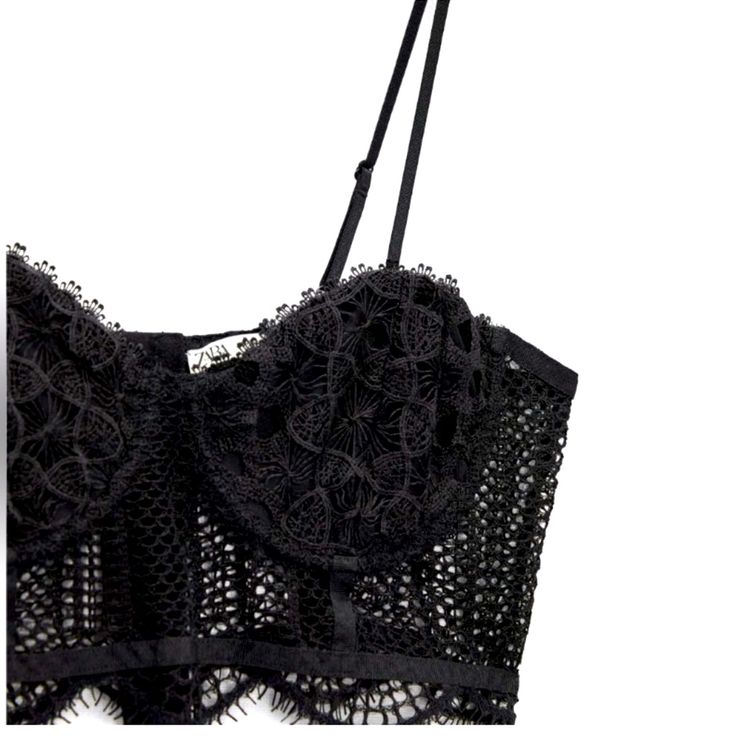 Lace Bustier Top In Black By Zara. Never Worn, New With Tags. Size Large Black Lace Tops With Delicate Straps, Elegant Underbust Crop Top For Parties, Black Top With Adjustable Straps And Underbust Shape, Black Tops With Adjustable Straps And Underbust Shape, Chic Party Crop Top With Delicate Straps, Chic Crop Top With Delicate Straps For Party, Elegant Crop Top With Delicate Straps For Party, Elegant Party Crop Top With Delicate Straps, Elegant Black Bra With Delicate Straps