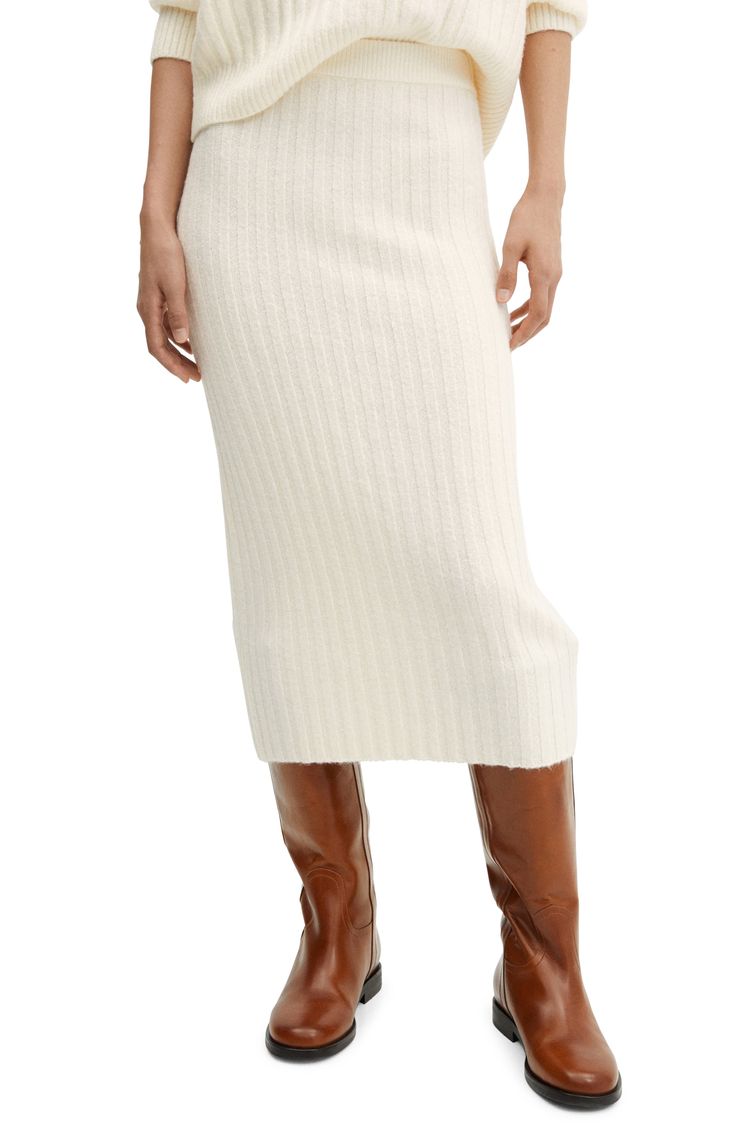 Sumptuous and stretchy, this midi-length sweater-skirt knit with soft ribbing will be the one you reach for when temperatures dip. Pull-on style Unlined 50% acrylic, 44% polyester, 5% wool, 1% elastane Hand wash, line dry Imported Midi Sweater Skirt, Mango Outlet, Knit Midi Skirt, Neutral Fashion, Knit Midi, Mixing Fabrics, Sweater Set, Women Skirts Midi, Knitting Designs