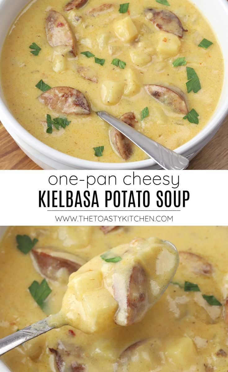 two pictures of one pan cheesy kielbasa potato soup