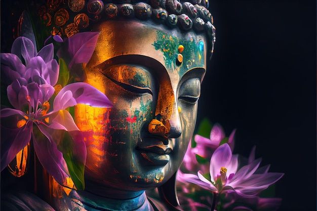 a buddha statue with purple flowers in the foreground and a black background behind it