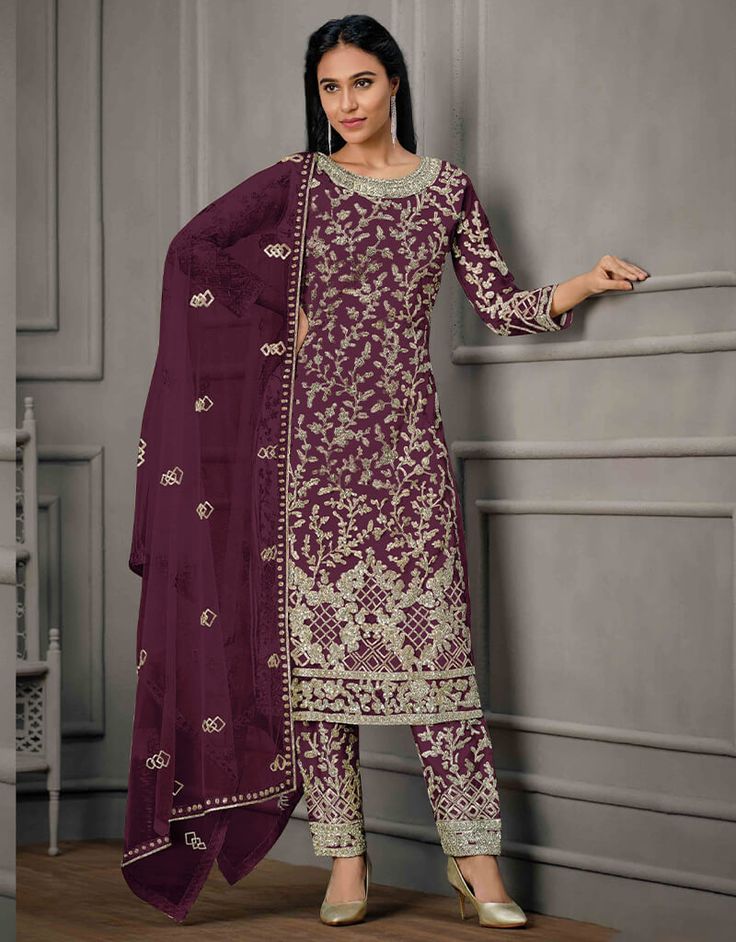 Purple Pant style Suit Butterfly Net Salwar Kameez in Cording Embroidery New Style Suits, Purple Dupatta, Latest Salwar Kameez Designs, Butterfly Net, Purple Bottom, Trouser Suit, Fabric Butterfly, Purple Pants, Womens Dress Suits