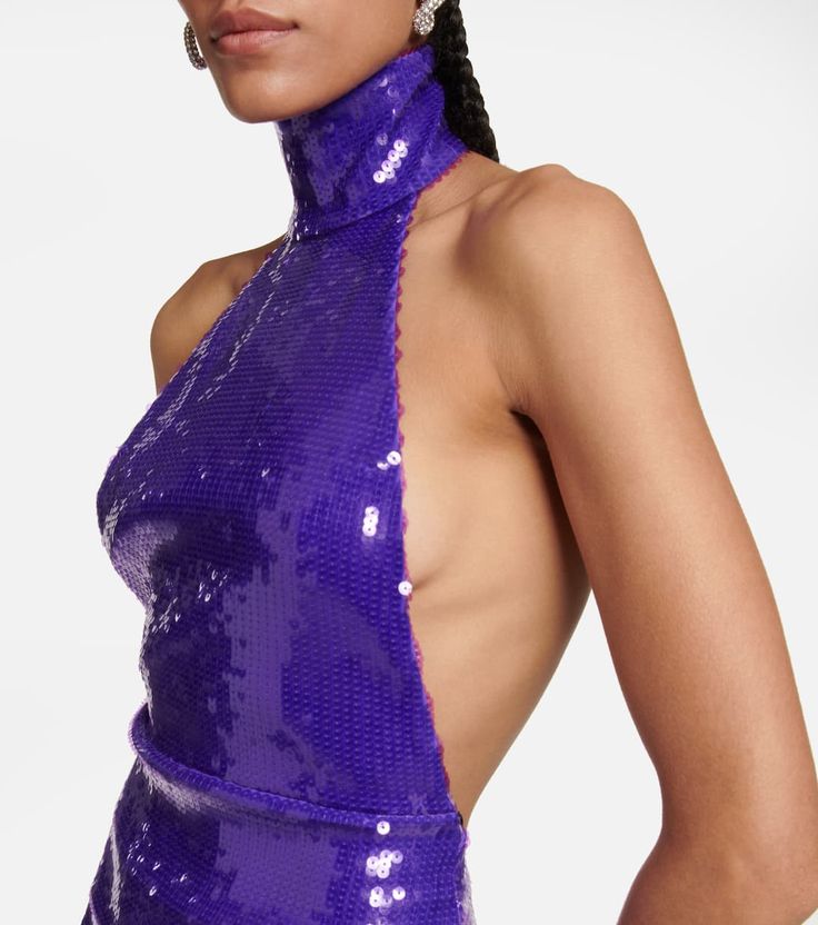 Sequined Halterneck Gown in Purple - La Quan Smith | Mytheresa Embellished Halter Neck Sequin Dress For Gala, Halter Neck Party Dresses With Contrast Sequin, Halter Neck Embellished Sequin Dress For Gala, Halter Neck Contrast Sequin Party Dress, Summer Sequined Halter Neck Evening Dress, Halter Neck Sequin Dress For Gala, Contrast Sequin Halter Neck Party Dresses, Halter Neck Dress With Contrast Sequin For Party, Glamorous Halter Neck Evening Dress For Night Out