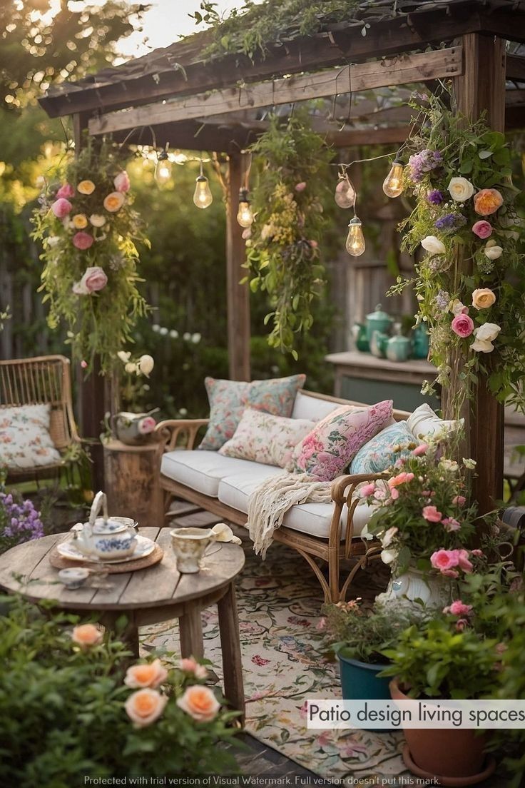 an outdoor seating area with lots of flowers on the table and couches in the background