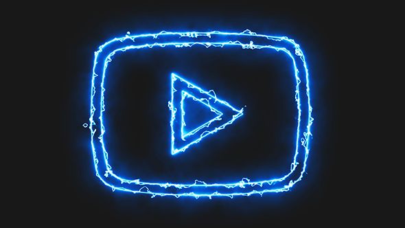 a neon blue play button on a black background