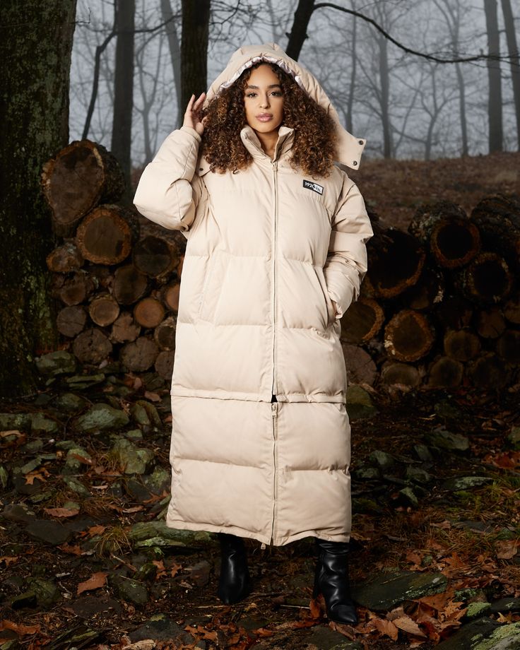 Tan Sesame Long Utility Puffer - KIN Apparel Insulated Skirt, Protective Hair, Puffer Coats, Functional Clothing, Detachable Sleeves, Coat With Hood, Long Puffer Coat, Long Puffer, Cropped Style