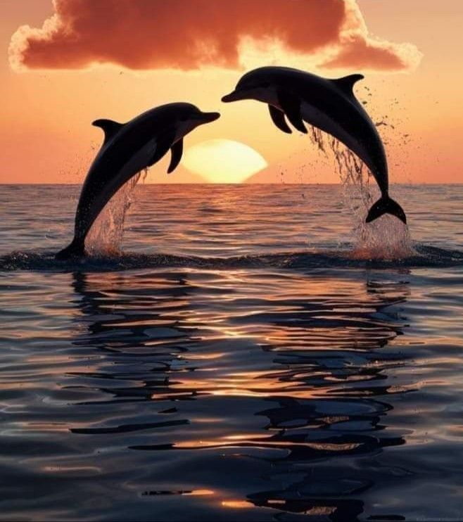 two dolphins jumping out of the water at sunset with clouds in the sky above them