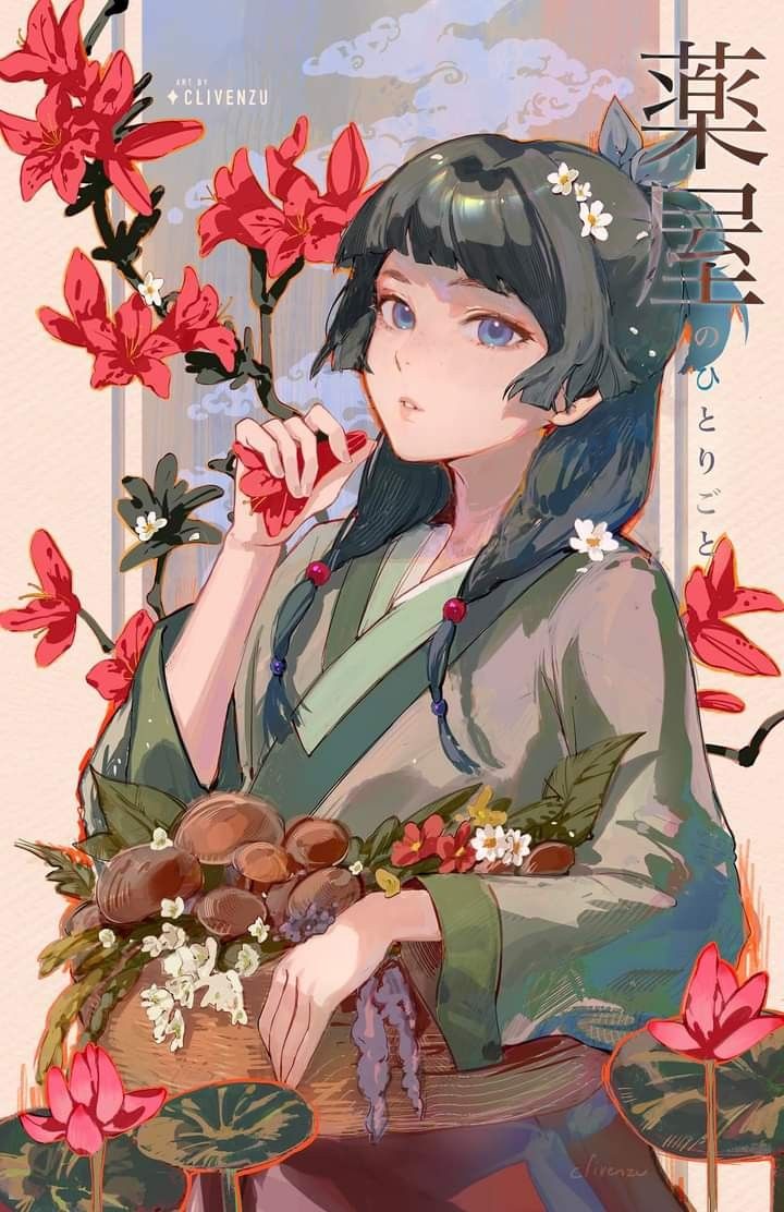 an anime character holding a basket with flowers in it