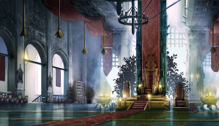 an artistic rendering of a throne in a room with chandeliers and columns, surrounded by greenery