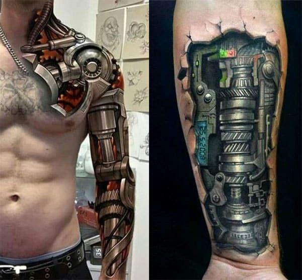 two pictures one with a robot arm and the other with a mechanical arm tattoo on it