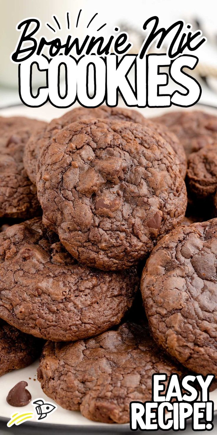 chocolate cookies are stacked on top of each other with the words brownie me cookies