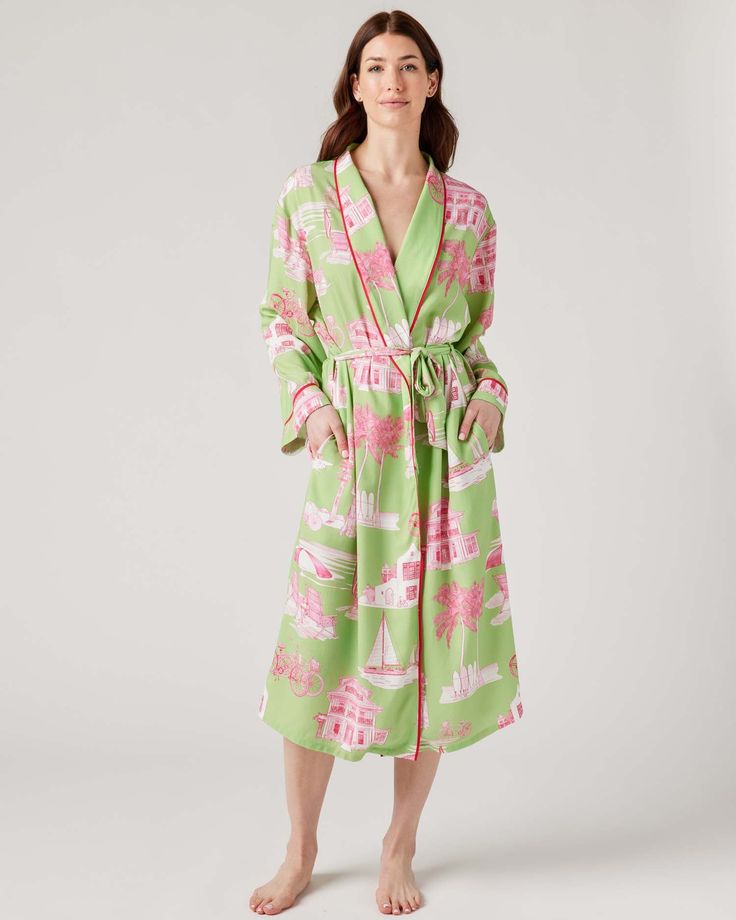 Inspired by our best-selling pajamas, our Katie Kime robes feature the prints you love in a stylish silhouette with elegant piping detail. Perfect for lounging and layering over sleepwear, the Katie Kime robe features flexible sizing with a removable tie to ensure a custom fit. Add a bespoke touch with your choice of embroidery. 50% Modal & 50% Cotton Machine wash cold. 48" from high point of shoulder (based on a size S/M) Please allow 3-5 days for production. Any personalized or monogramed prod Katie Kime, Print Production, Embroidered Clothes, High Point, Embroidered Shirt, Custom Fit, Piping, Pink Color, Colorful Prints