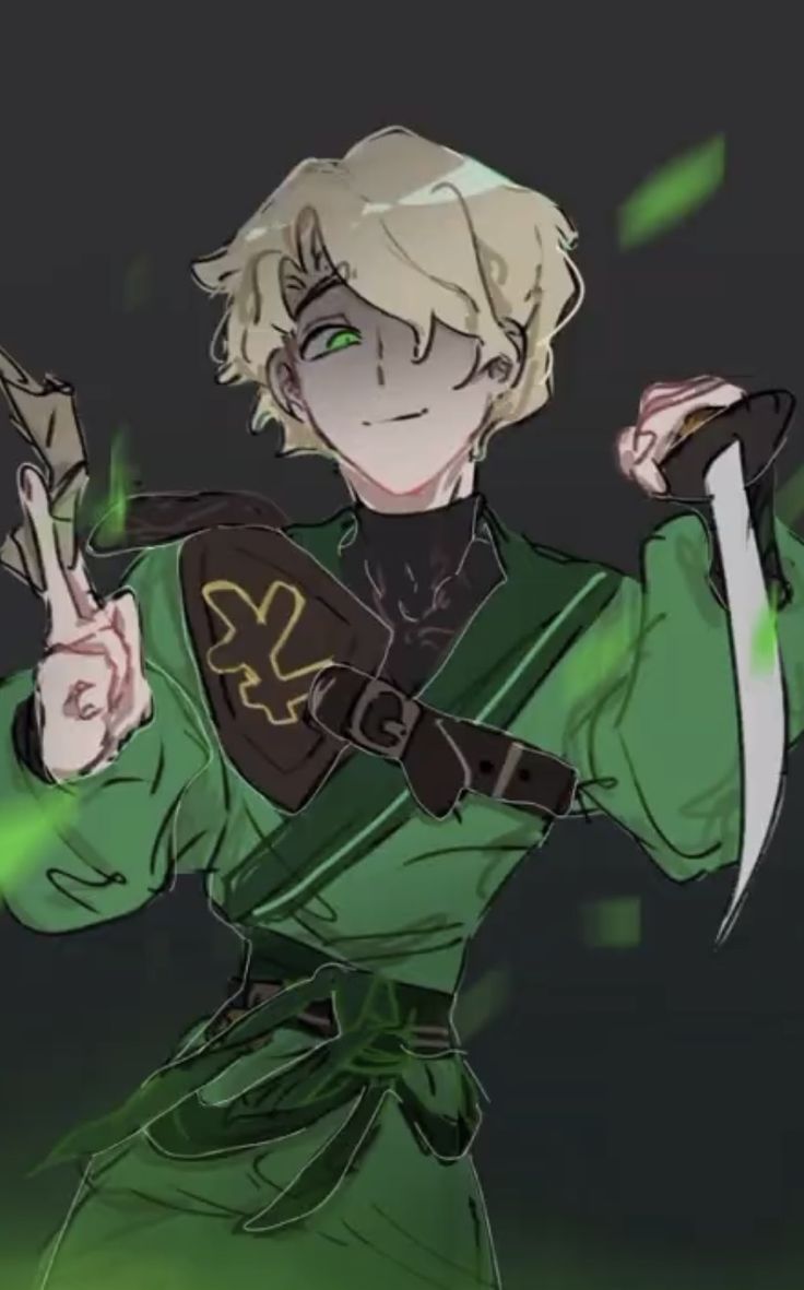 an anime character with blonde hair and green outfit holding two knives in his hand, while standing